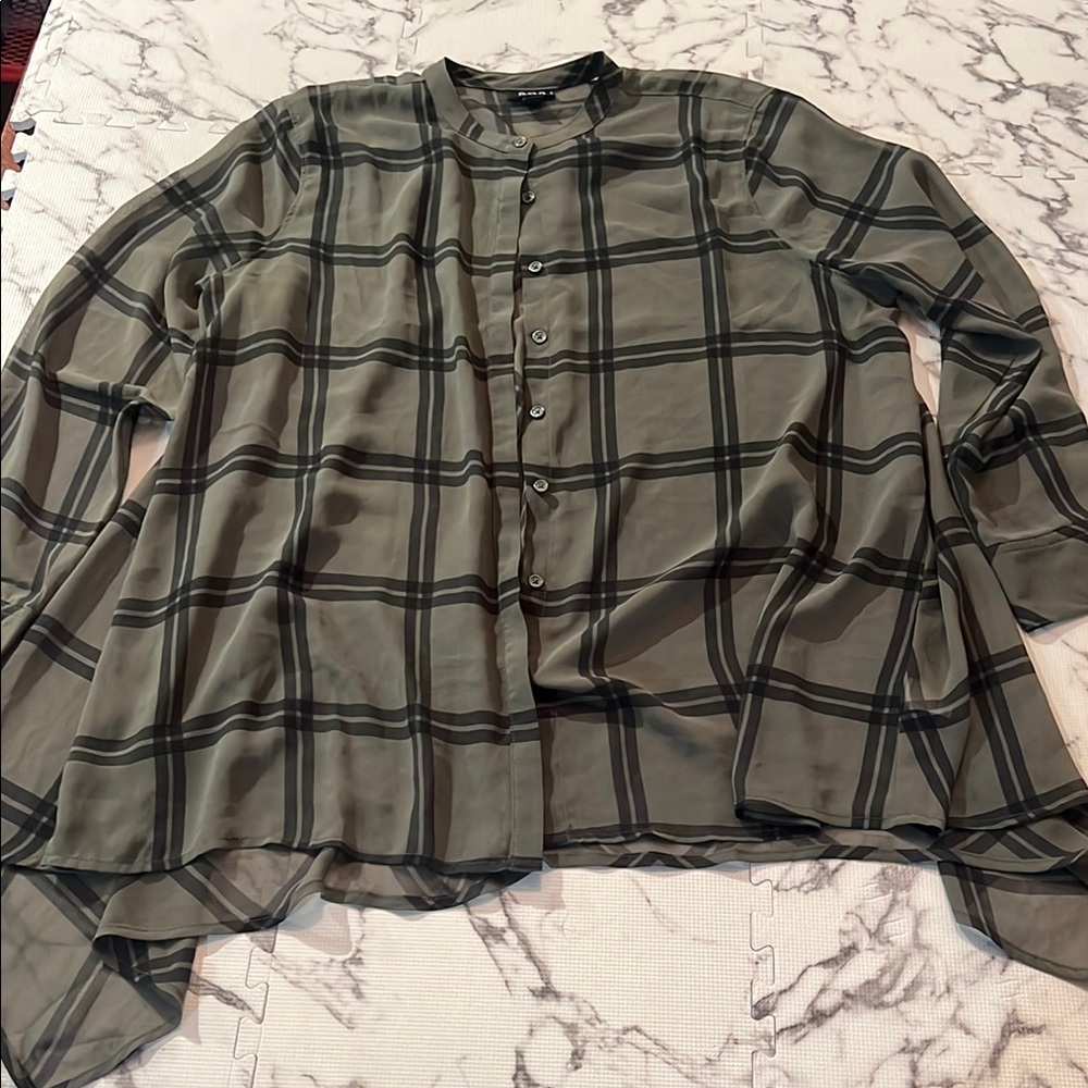 a.n.a petite XL Olive green sheer Plaid Button Down Shirt